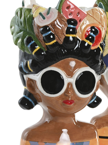 Jarrón decorativo tropical con gafas y frutas pintado a mano