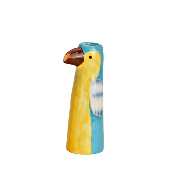 Jarrón de porcelana con forma de tucán azul y amarillo de 16 cm.