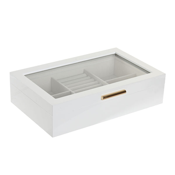 Joyero blanco con tapa de cristal y compartimentos