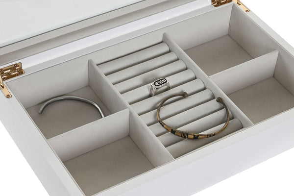 Joyero abierto con organizador de terciopelo gris