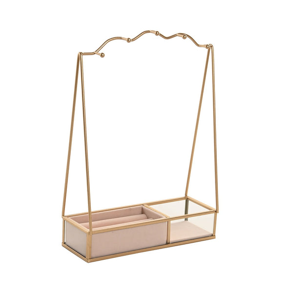 Organizador de joyas con base de terciopelo y barra dorada