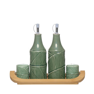set aceitera vinagrera saleros cerámica verde textura repollo Brocantia