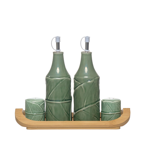 set aceitera vinagrera saleros cerámica verde textura repollo Brocantia