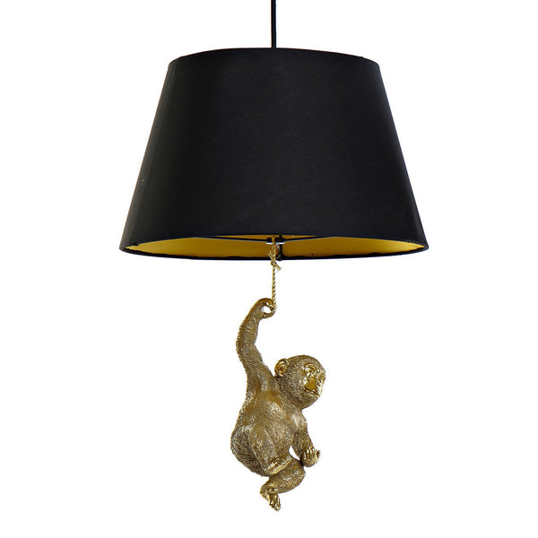 Lámpara colgante negra con figura de mono dorado