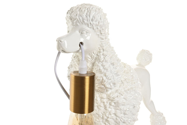 Detalle lámpara de perro sujeta bombilla dorada