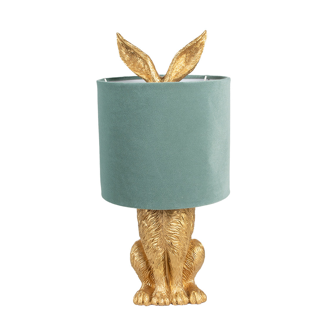 lámpara dorada con forma de conejo y pantalla verde terciopelo Brocantia