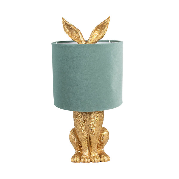 lámpara dorada con forma de conejo y pantalla verde terciopelo Brocantia