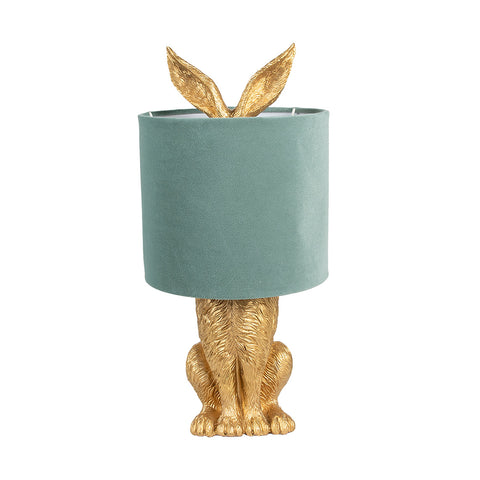 lámpara dorada con forma de conejo y pantalla verde terciopelo Brocantia