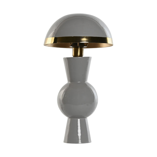 Lámpara de sobremesa seta de metal lacado gris con pantalla semiesférica y detalle dorado.
