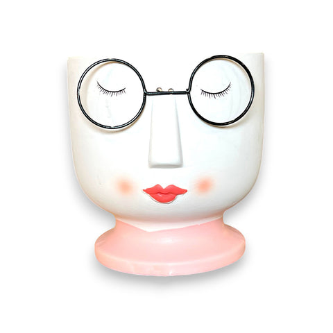 Macetero rostro con gafas negras decorativo