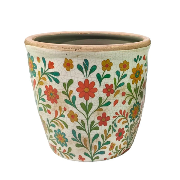 Macetero Flores Craquelado de cerámica con estampado floral multicolor sobre fondo marfil.