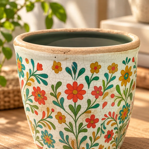 Detalle del macetero de cerámica craquelada con flores rojas, amarillas, verdes y turquesas.