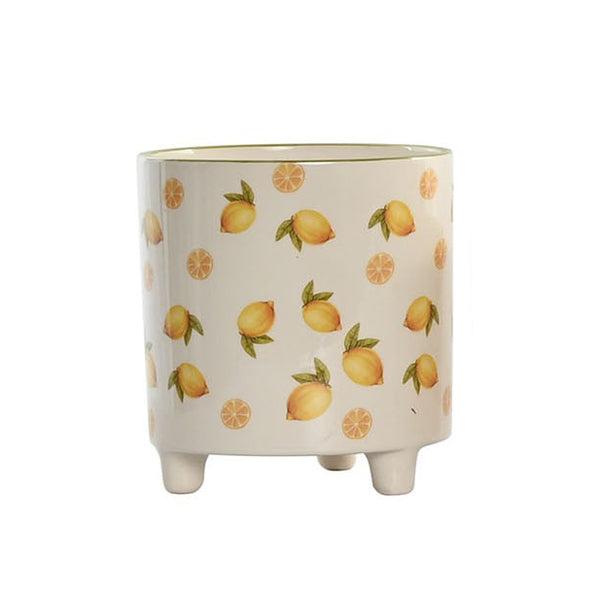 Maceta de cerámica decorada con limones sobre fondo blanco, vista individual