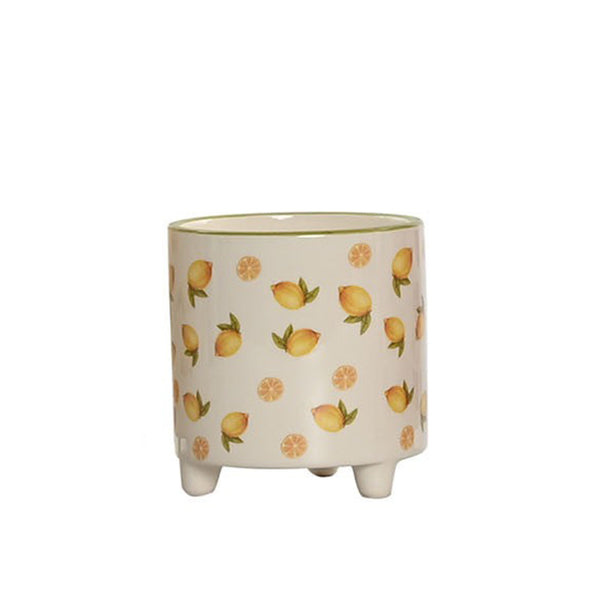 Maceta de cerámica con diseño de limones y patas pequeñas, vista individual