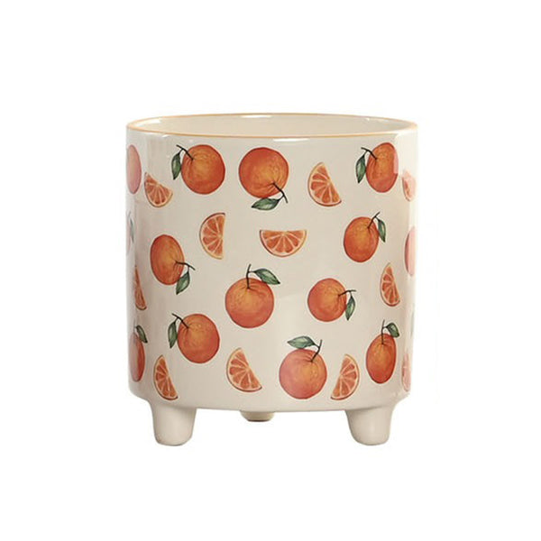 Maceta de cerámica decorada con naranjas, fondo blanco, vista frontal individual