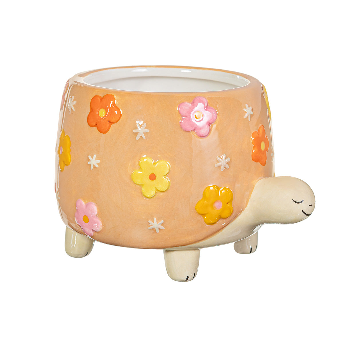Maceta de cerámica con forma de tortuga y flores en relieve, diseño artesanal adorable para plantas pequeñas