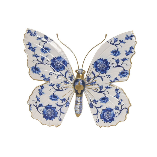 Mariposa decorativa de pared blanca con flores azules y detalles dorados