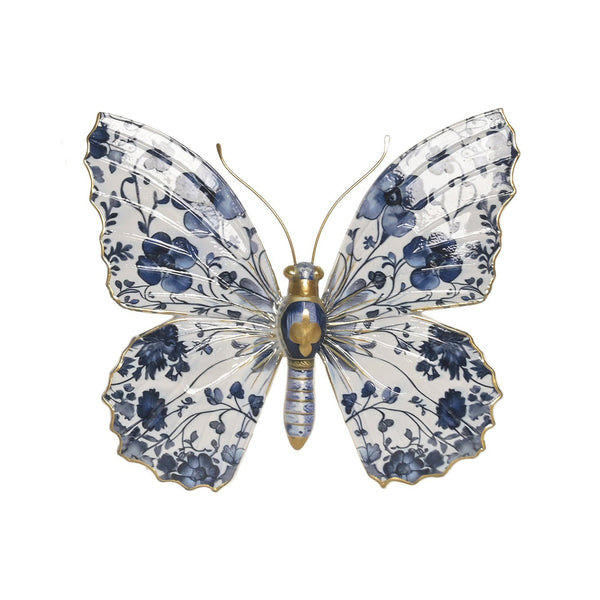 Mariposa decorativa de pared azul y blanca con estampado floral y detalles dorados