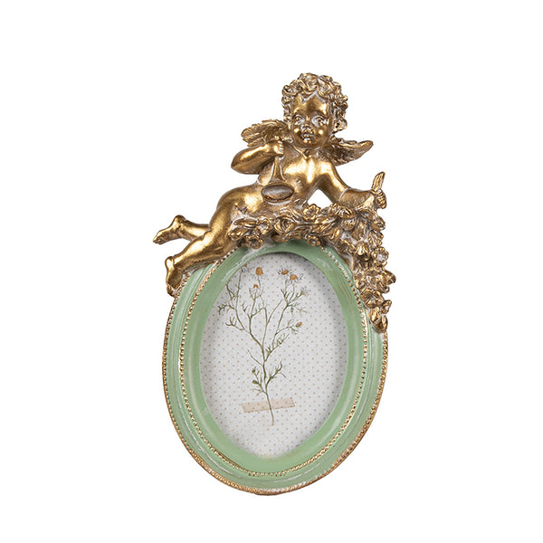 Marco ovalado verde con ángel dorado barroco