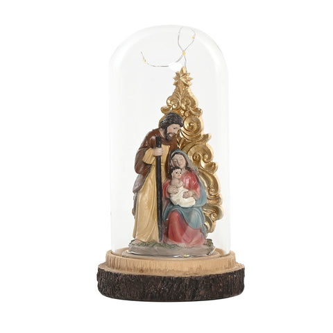 Nacimiento bajo cúpula de cristal con luz y base de madera