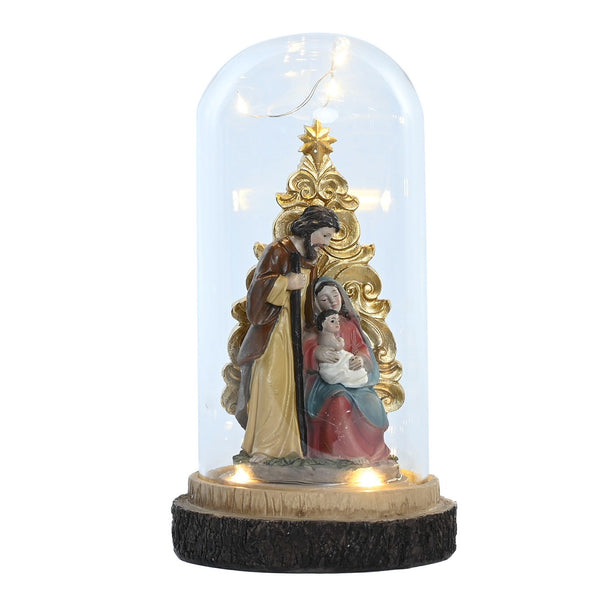 Figura navideña iluminada de la Sagrada Familia con detalles dorados