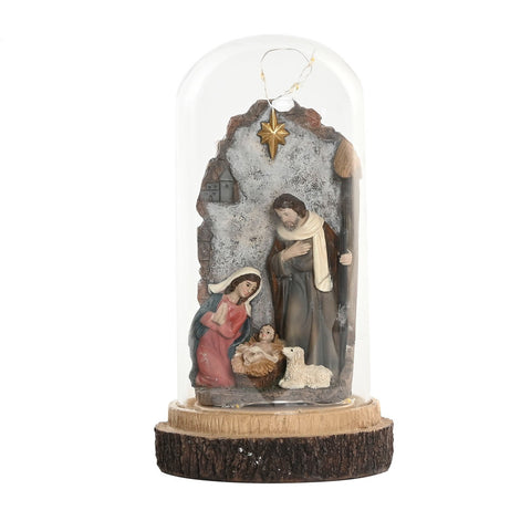 Nacimiento navideño bajo cúpula de cristal con base efecto tronco