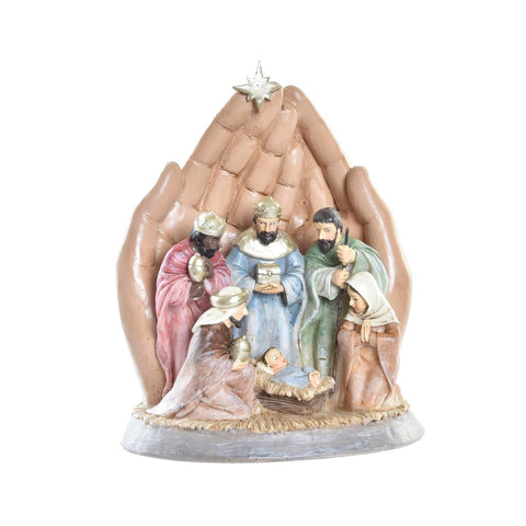 nacimiento en manos orantes de resina pintada a mano