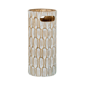 paragüero decorativo metálico blanco dorado con relieve ovalado - Brocantia tienda de decoración Oviedo