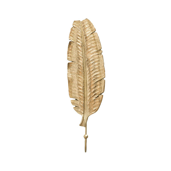 Percha de pared dorada con forma de hoja de bananero