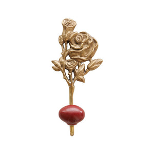 percha decorativa de metal en forma de rosal con gancho de cerámica roja brillante brocantia decoración oviedo