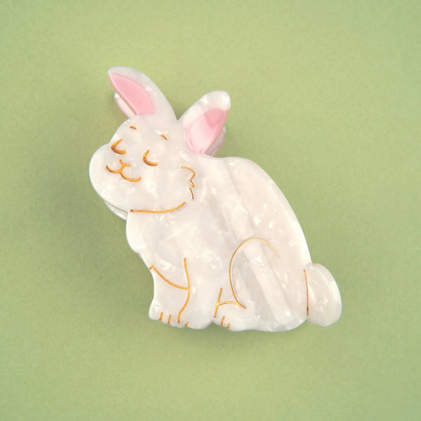 Detalle frontal pinza conejo con orejas rosas sobre fondo verde