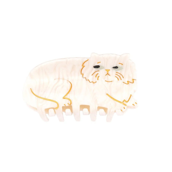 Pinza para el pelo Gato Persa Coucou Suzette en acetato blanco nacarado con detalles dorados.
