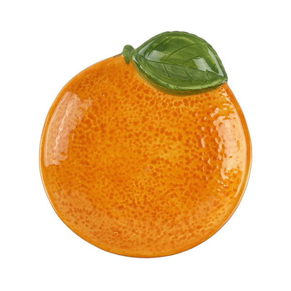 Platito de cerámica con forma de naranja y hoja verde.