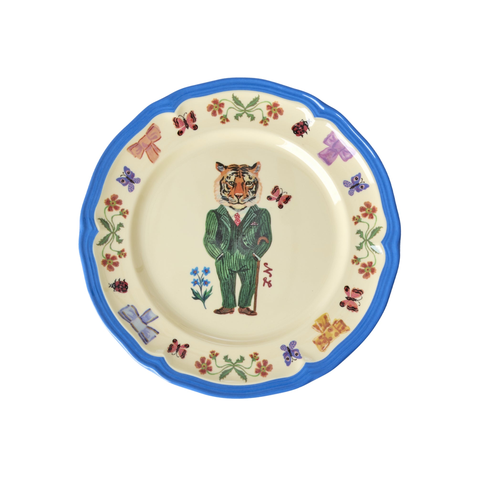 plato de melamina Nathalie Lété diseño tigre traje verde mariposas lazos flores decorativas