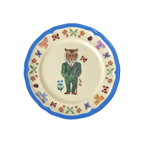 plato de melamina Nathalie Lété diseño tigre traje verde mariposas lazos flores decorativas
