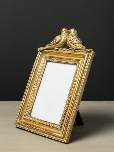 Portafotos dorado estilo clásico con detalle superior de aves