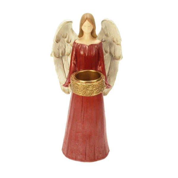 ángel portavelas rojo con detalles dorados decorativo