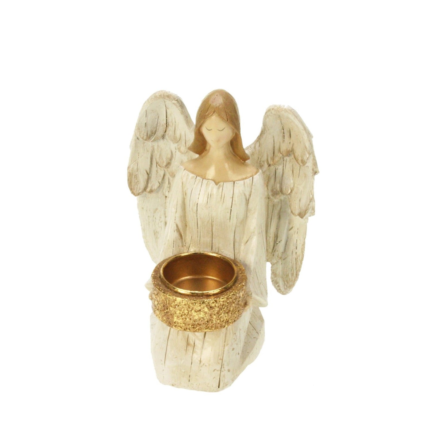 ángel portavelas decorativo dorado y crema