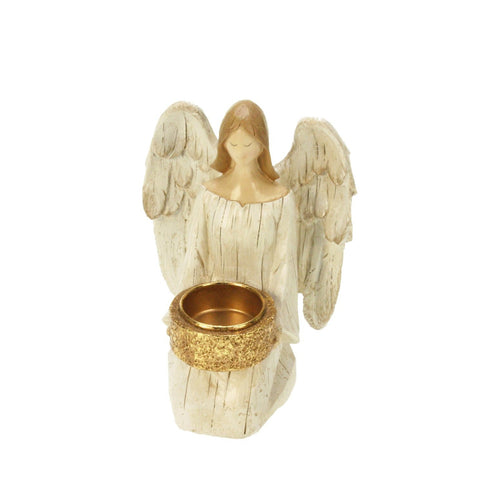 ángel portavelas decorativo dorado y crema