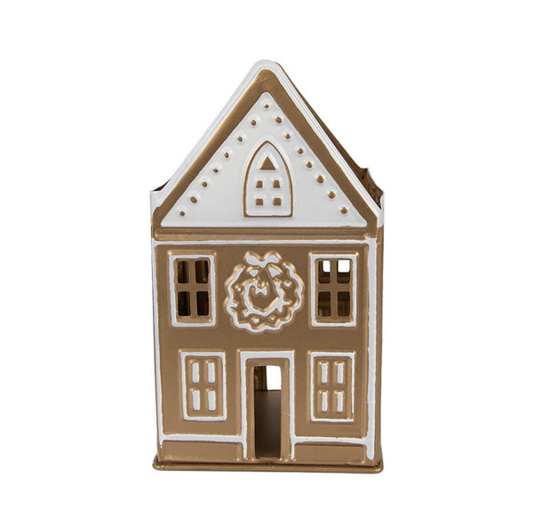 casita portavelas navideña dorada y blanca de metal Brocantia