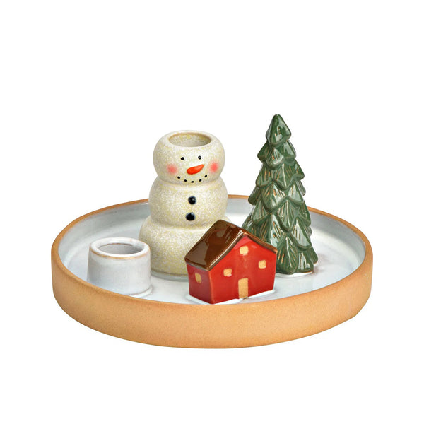 portavelas navideño con muñeco de nieve y casita roja