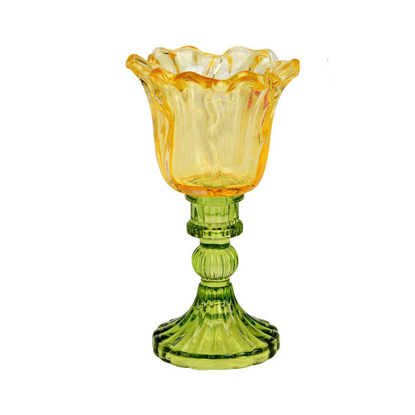 Portavelas de cristal amarillo en forma de flor con base verde