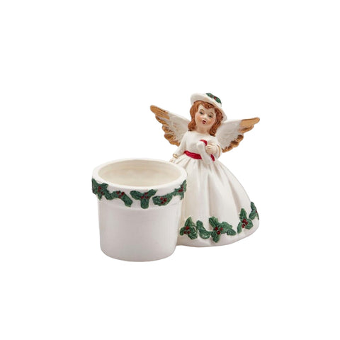 portavelas navideño con ángel de vestido blanco