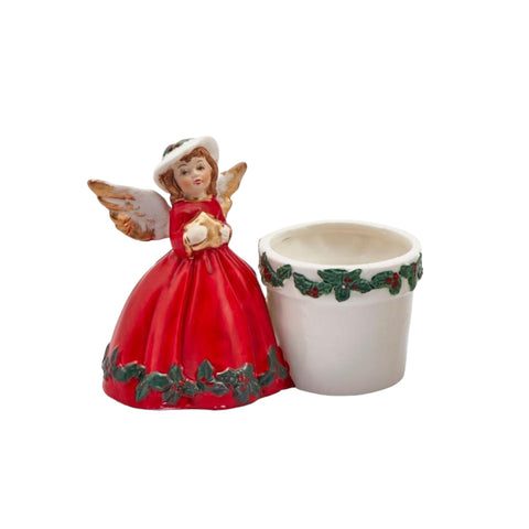 portavelas navideño con ángel y vestido rojo
