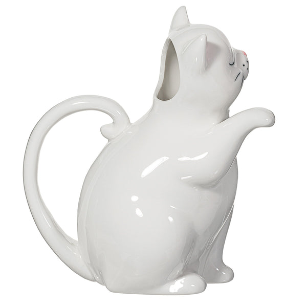Regadera decorativa en forma de gato blanco con asa curvada, ideal para regar plantas y decorar