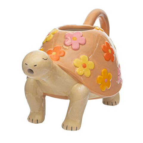 Regadera de cerámica en forma de tortuga con flores en relieve, diseño adorable artesanal para jardinería