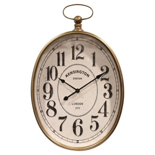 Reloj Kensington Station ovalado de metal dorado envejecido con esfera crema y números negros.