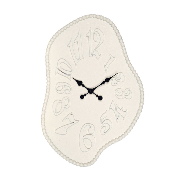 Reloj de pared blanco irregular de MDF con números en relieve y agujas negras