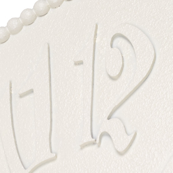 Primer plano de los números en relieve del reloj decorativo blanco de pared