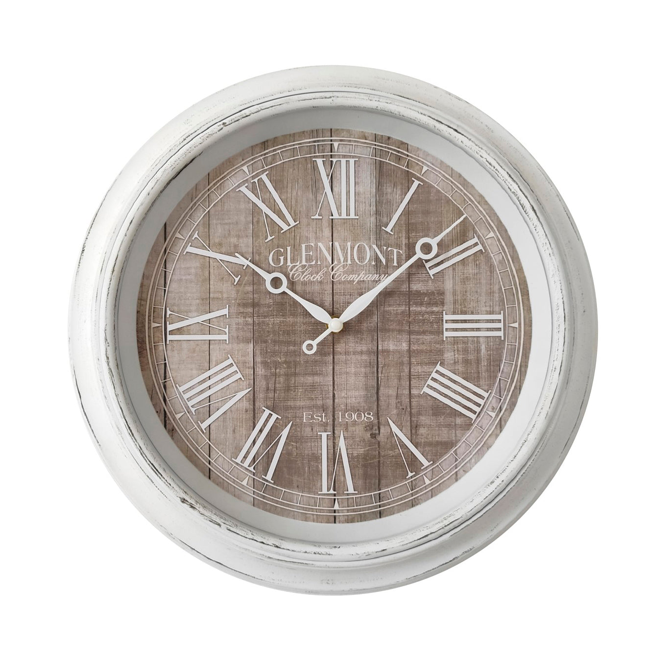 reloj de pared vintage, reloj rústico grande, reloj decoración blanca, reloj pared estilo shabby chic, reloj con números romanos, reloj pared salón elegante, decoración vintage Oviedo, reloj clásico decoración hogar